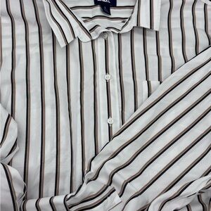 Lands' End No Iron White With Navy/Tan Striped Button Down Shirt, Size Large